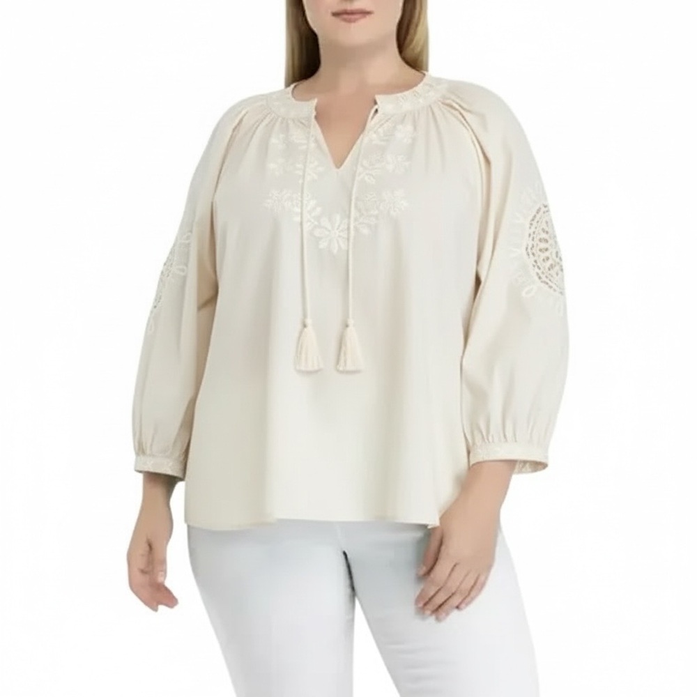 Wonderly Cream Embroidered Peasant Blouse Tassel Tie Boho Prairie Cottagecore 2X